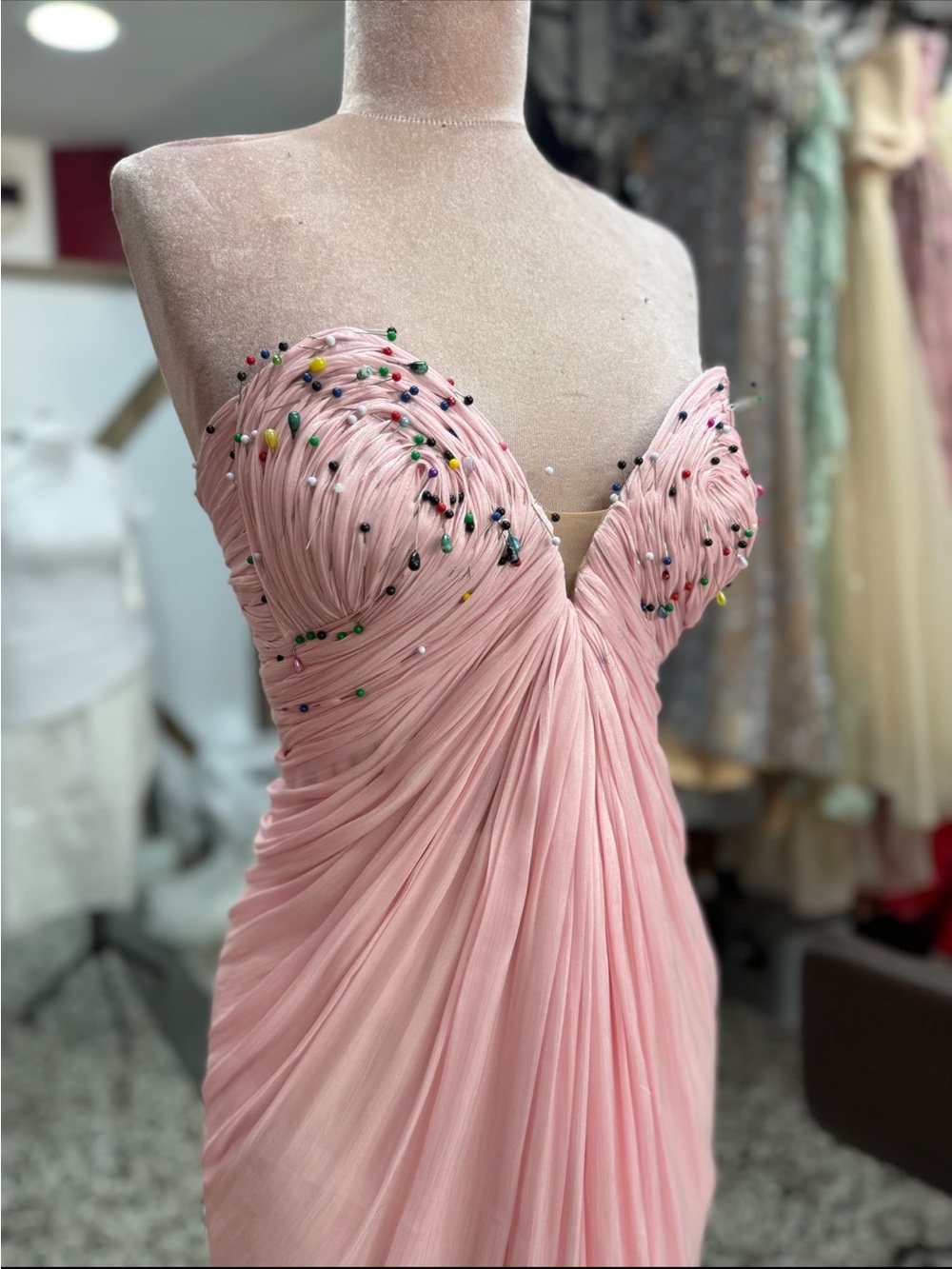 Strapless Pink Pleated Evening Dress with Beaded Detail